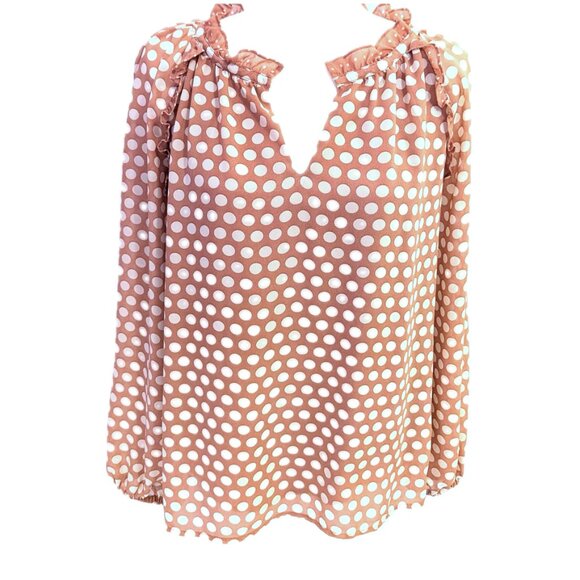 Rose + Olive | Pink Long Sleeve Ruffle Collar Polka Dot Blouse | Size Small - Picture 4 of 13